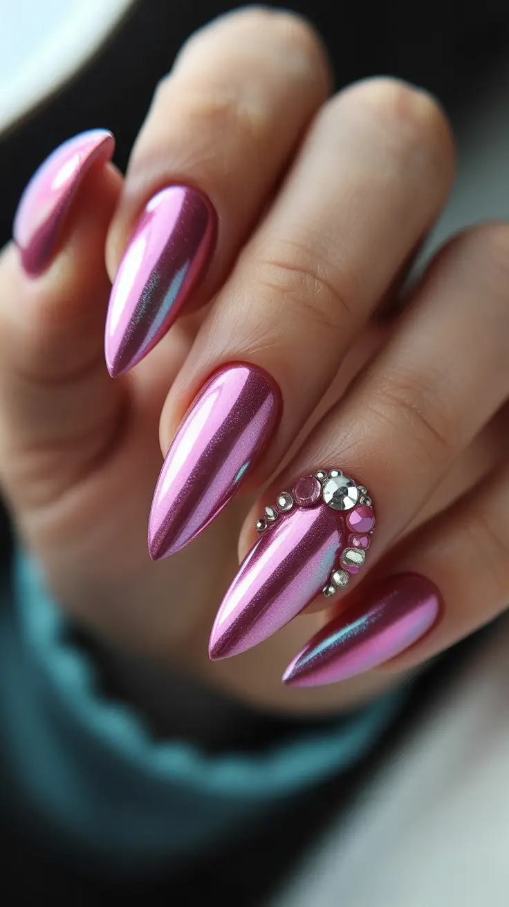 spring pink chrome nails Hot Pink Chrome With Crystal Accent Art