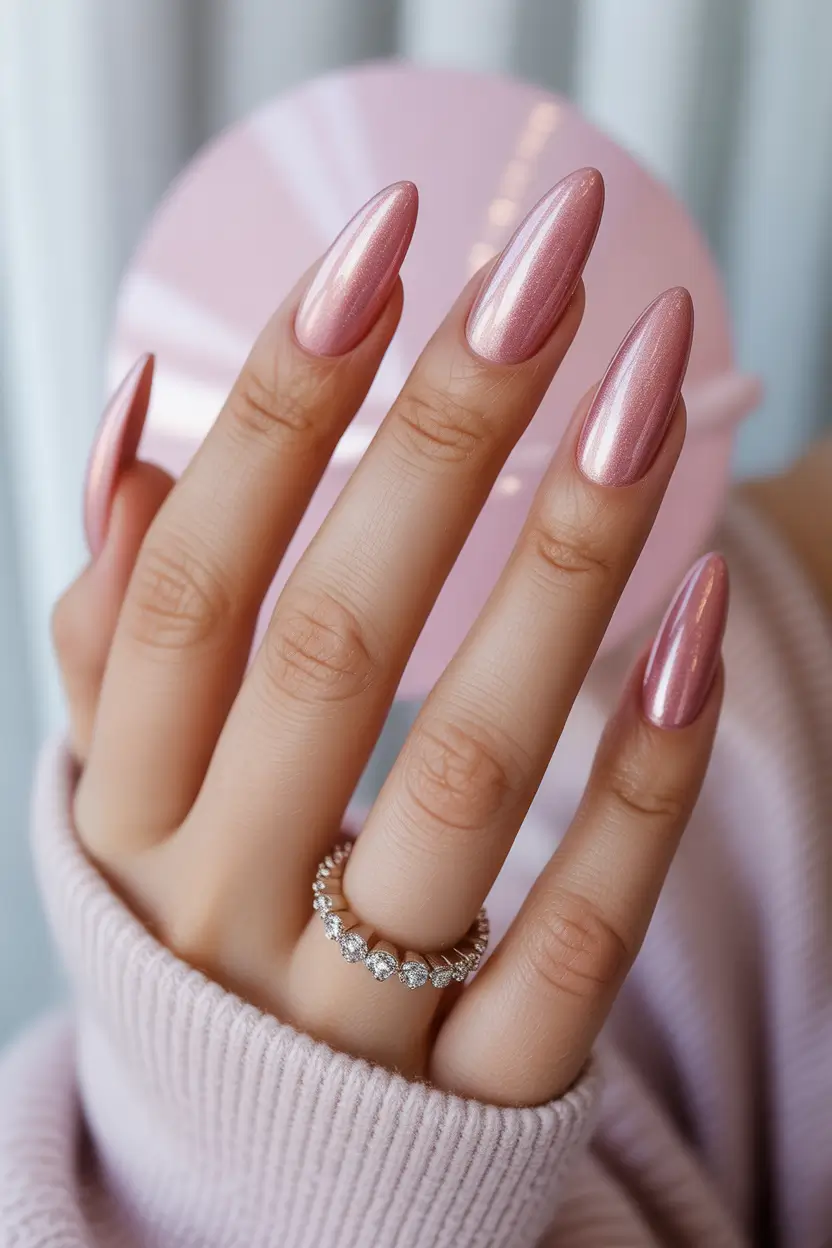 spring pink chrome nails Soft Pearl Chrome Almond Nails