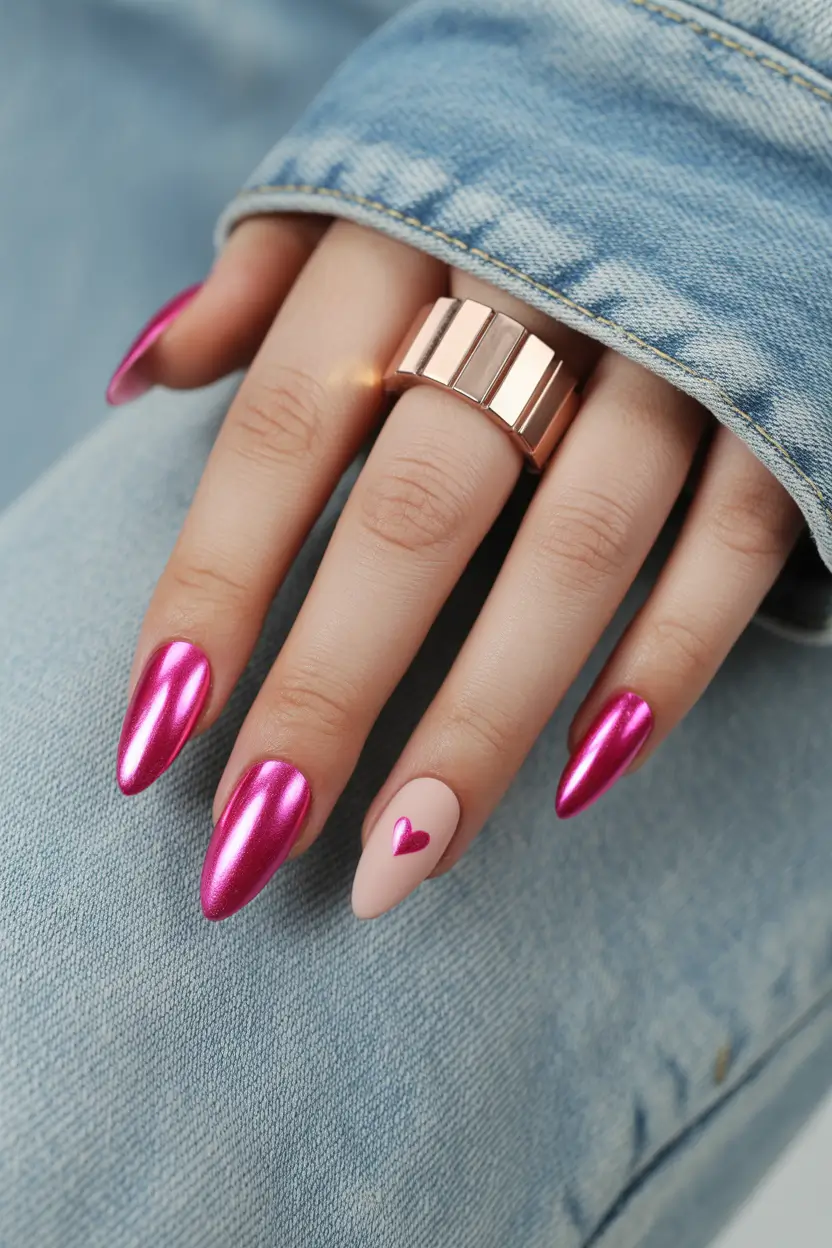 spring pink chrome nails Hot Pink Chrome Almond Nails With Minimal Heart Accent