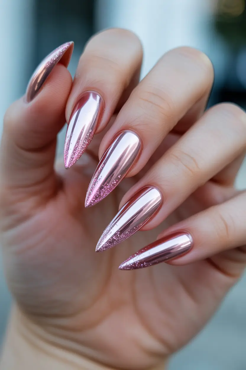 spring pink chrome nails Soft Rose Chrome With Delicate Glitter Fade