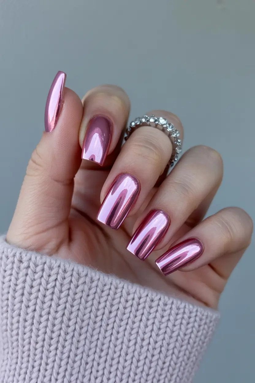 spring pink chrome nails Long Mirror Chrome Stiletto Statement