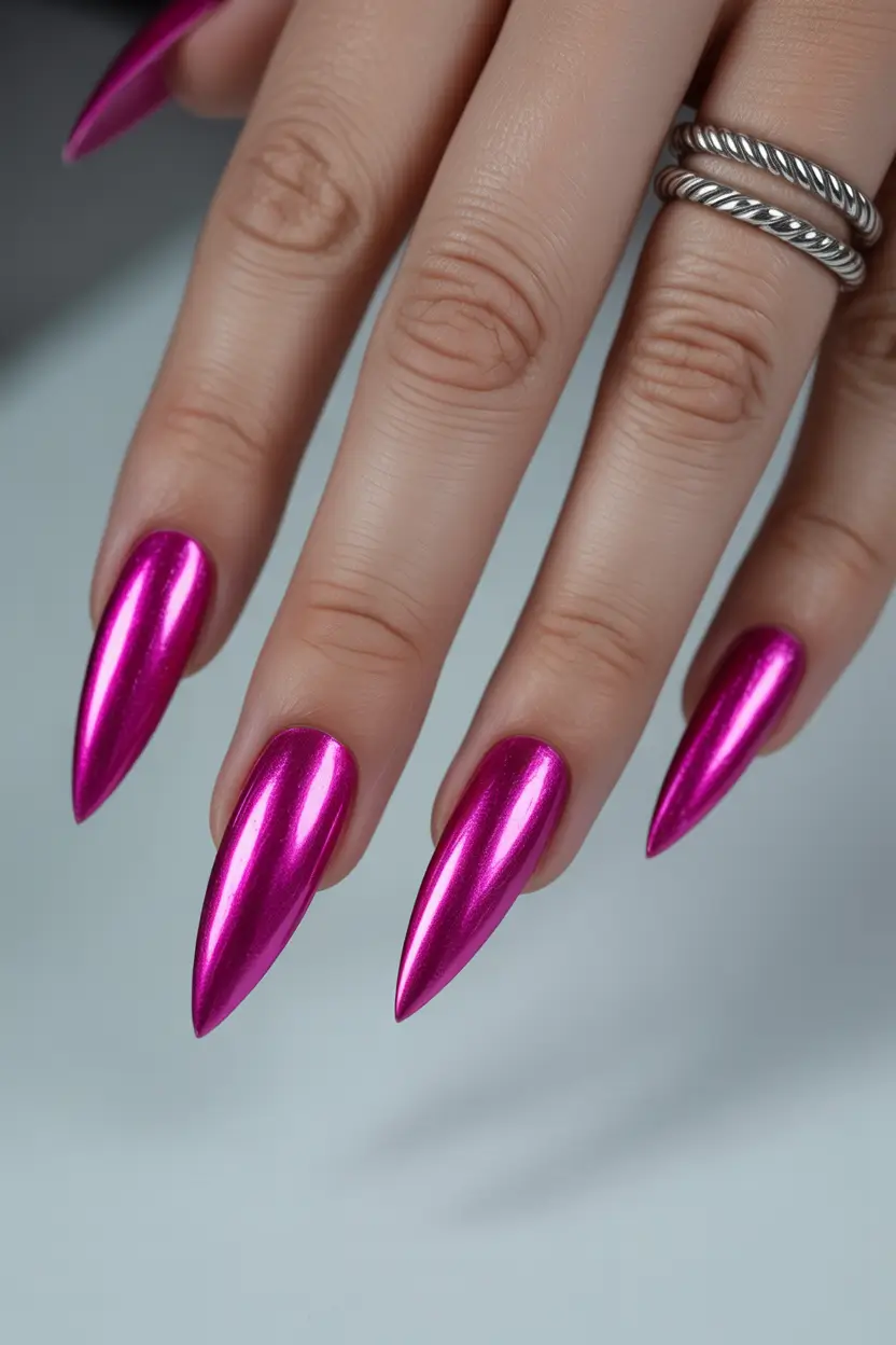 spring pink chrome nails Hot Neon Pink Chrome Stiletto Drama