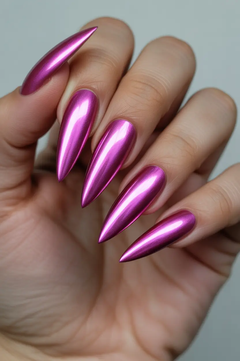 spring pink chrome nails Bright Barbie Chrome Almond Nails