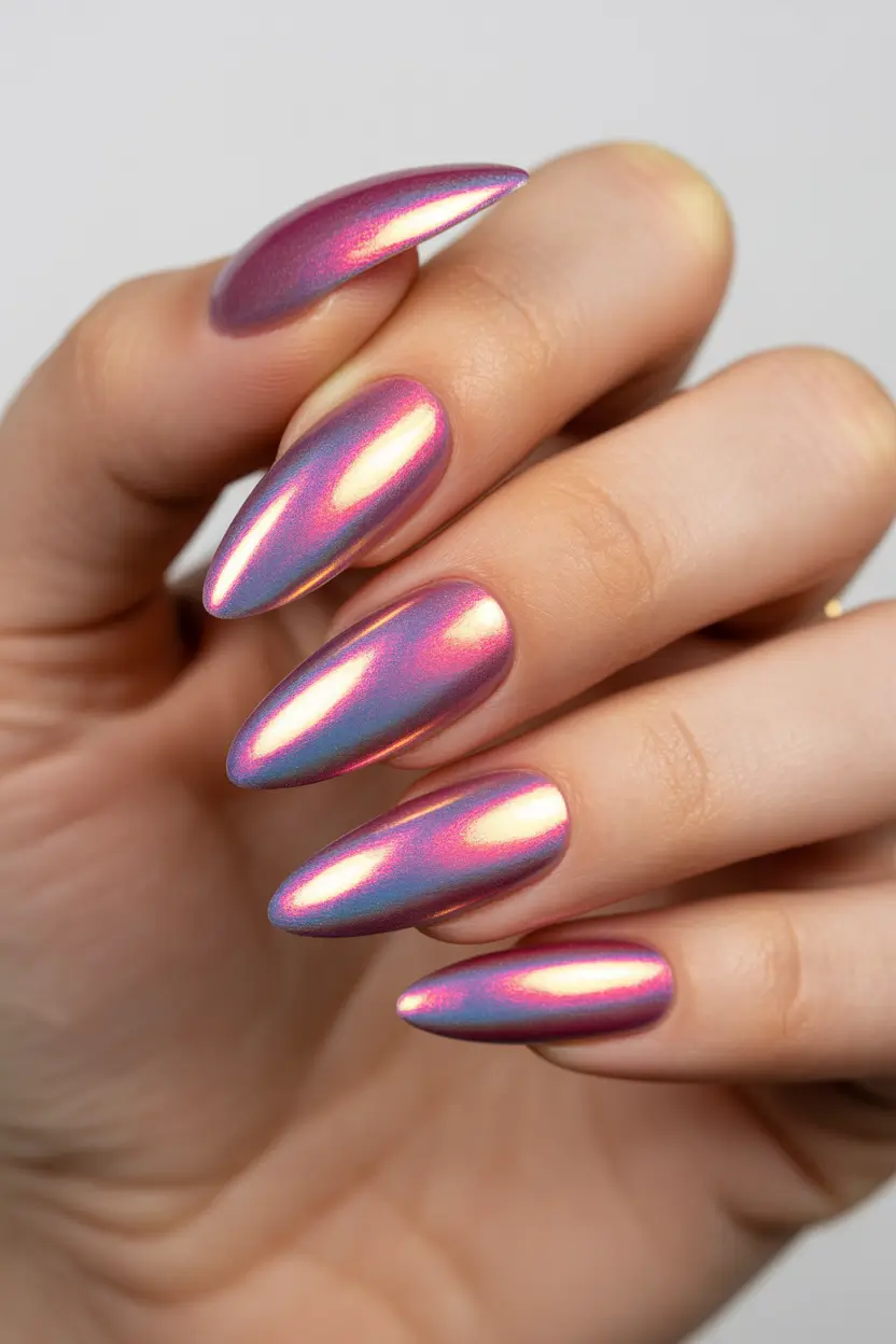 spring pink chrome nails Iridescent Pink Chrome With Orange and Violet Shift