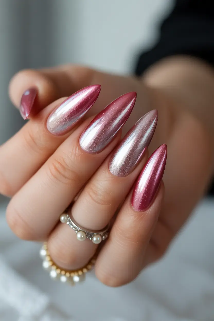 spring pink chrome nails Soft Milky Chrome Gradient Almond Nails