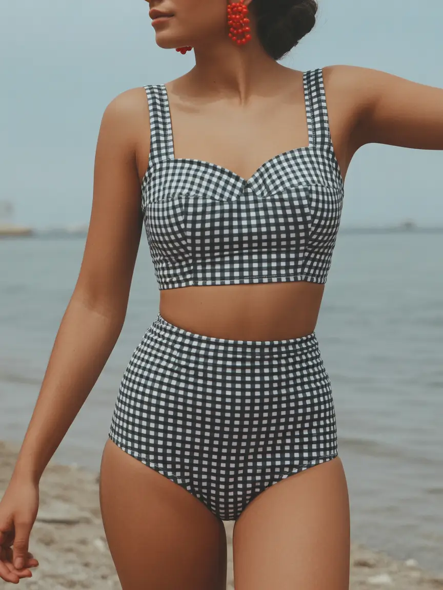cute summer swimsuits outfits ideas 2026 aesthetic Vintage Gingham High-Waisted Bikini