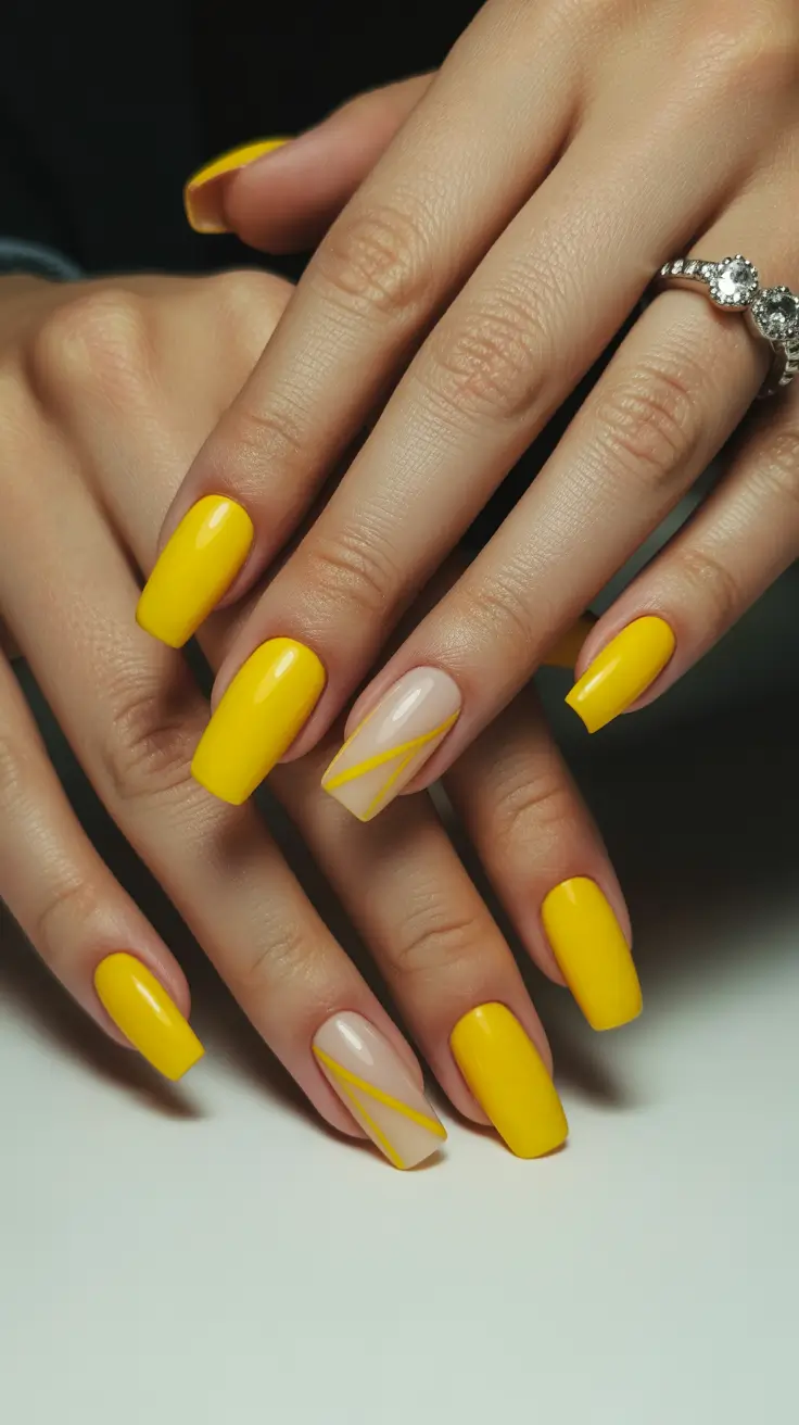 spring nails for tan skin Sunny Mustard Nails With Minimal Graphic Lines