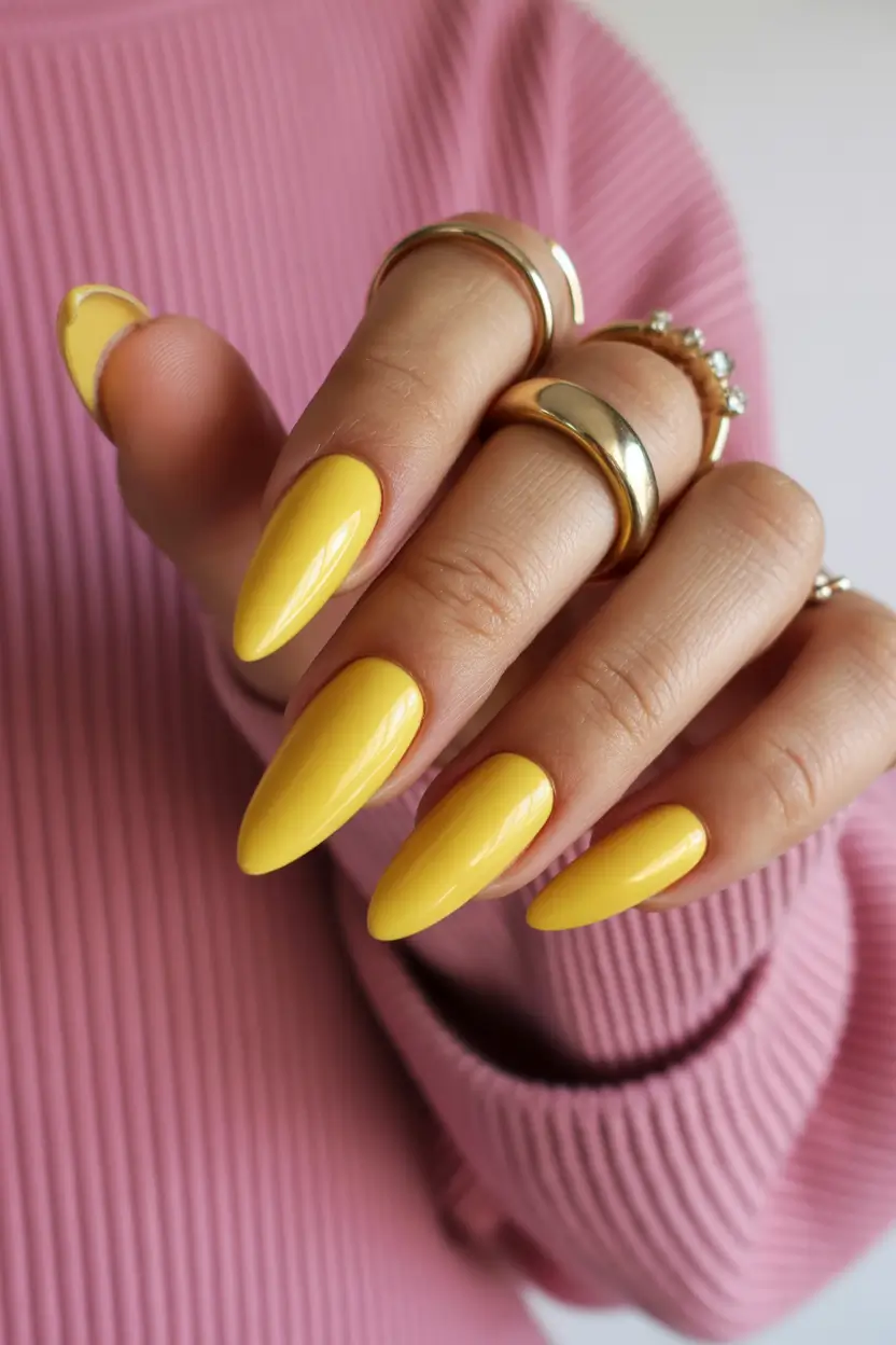 spring nails for tan skin Warm Butter Yellow Almond Nails For Fresh Spring Glow
