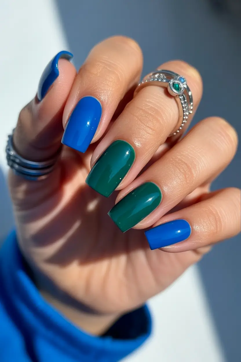 spring nails for tan skin Bold Blue And Emerald Contrast Nails