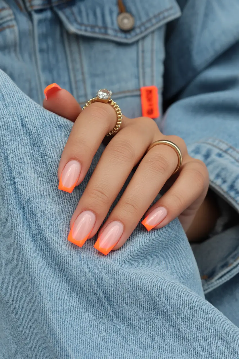 spring nails for tan skin Soft Neon Orange French Tips With Sheer Base