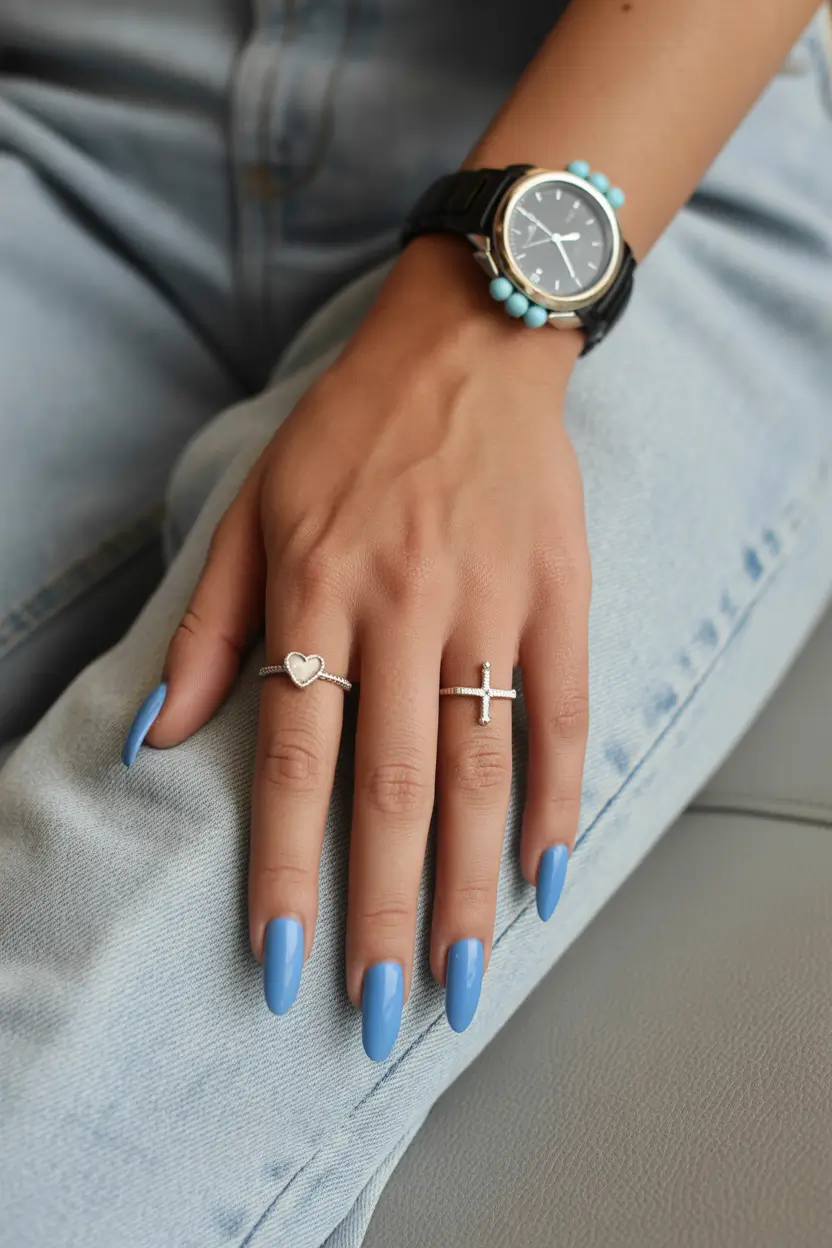 spring nails for tan skin Minimal Sky Blue Almond Nails