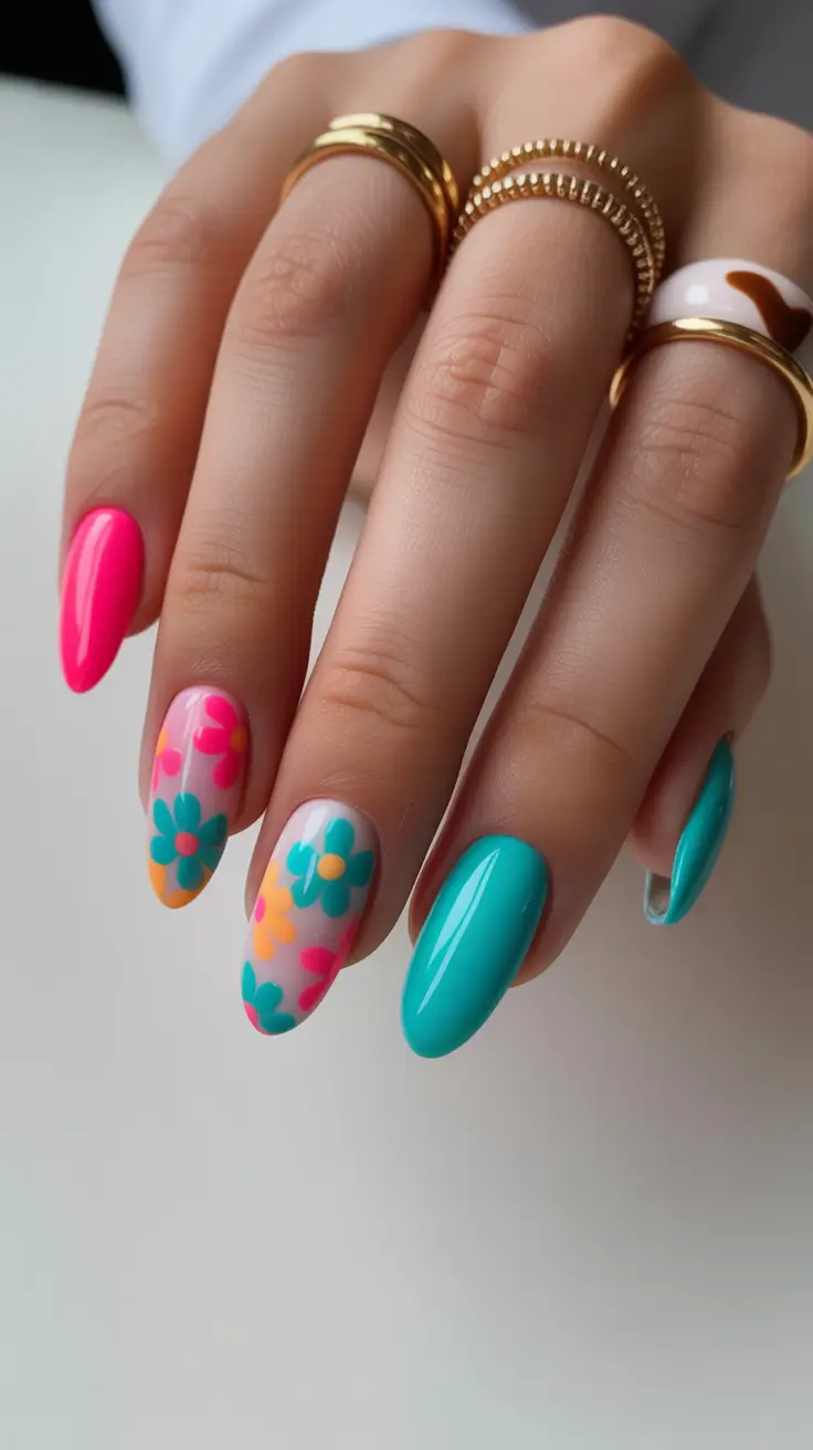 spring nails for tan skin Bright Floral Color Mix For Playful Spring Energy