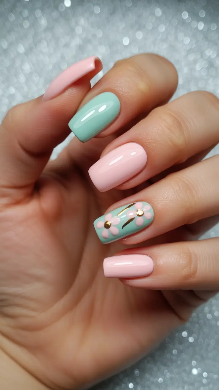 spring nails for tan skin Soft Mint And Blush Floral Accent Nails
