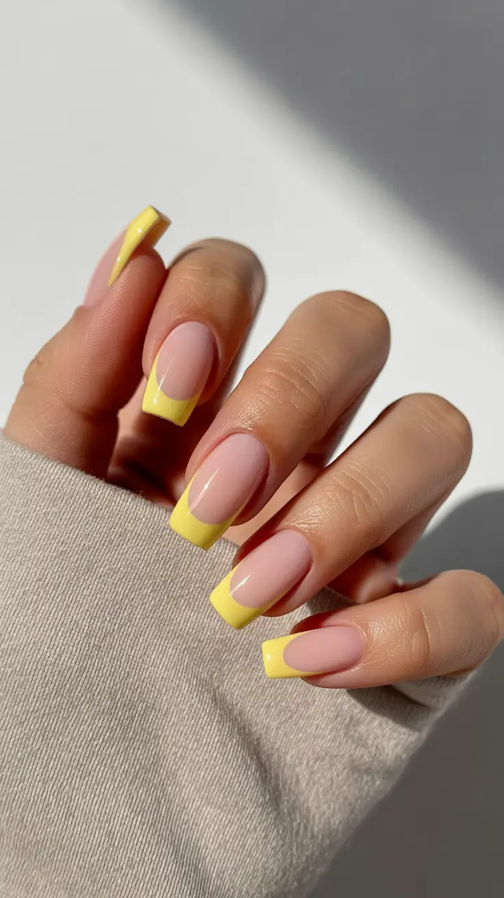 spring nails for tan skin Sunny Yellow French Tips With Clean Square Shape
