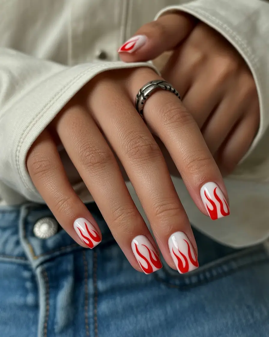 spring nails for tan skin Minimal White Nails With Red Flame Art