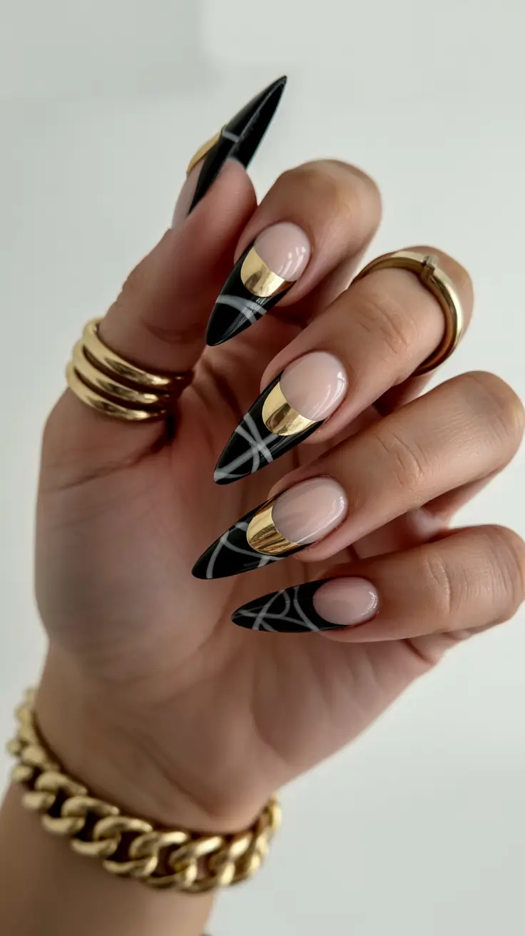 spring nails for tan skin Black And Gold Stiletto Nails With Sculptural Elegance