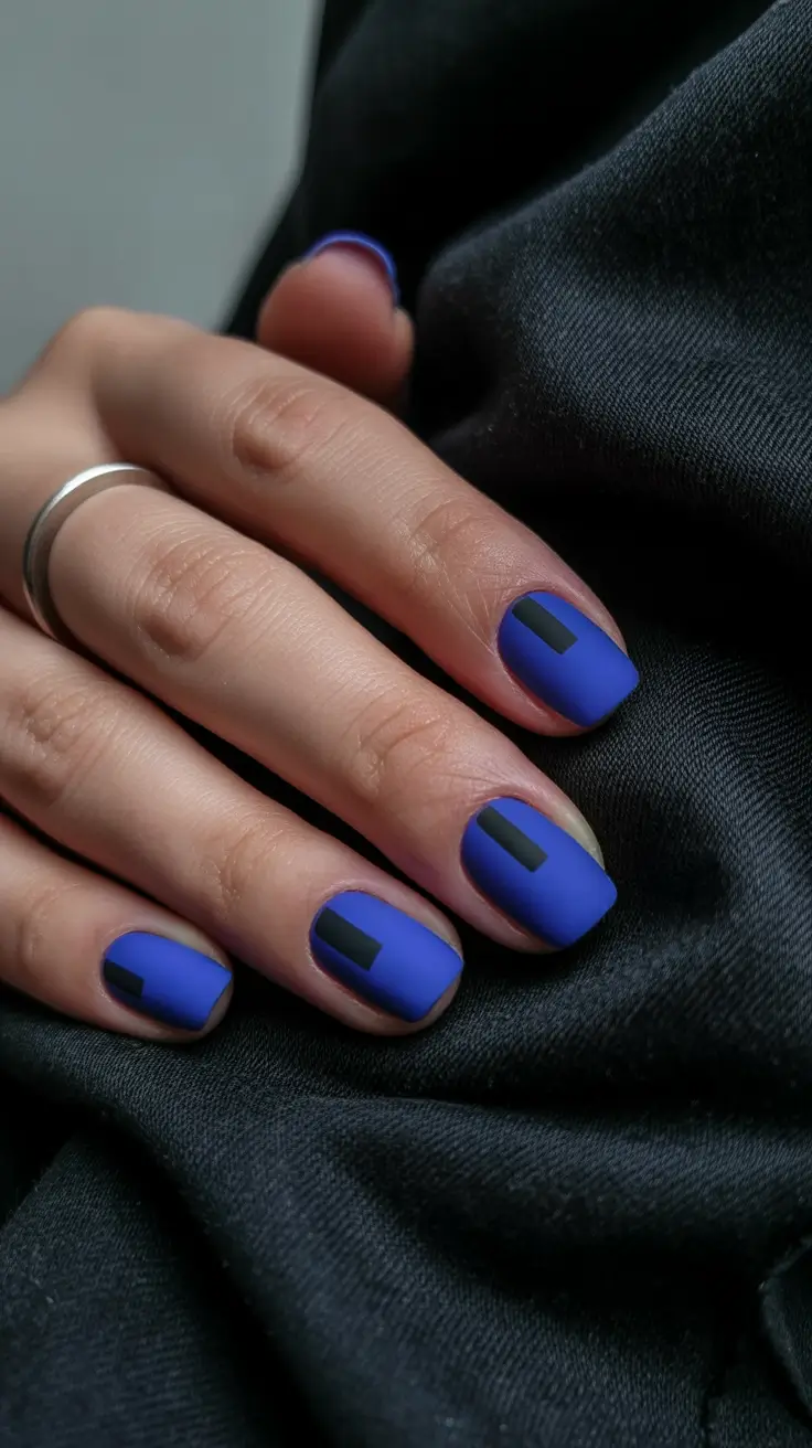 spring nails for tan skin Matte Indigo Short Nails With Graphic Accent