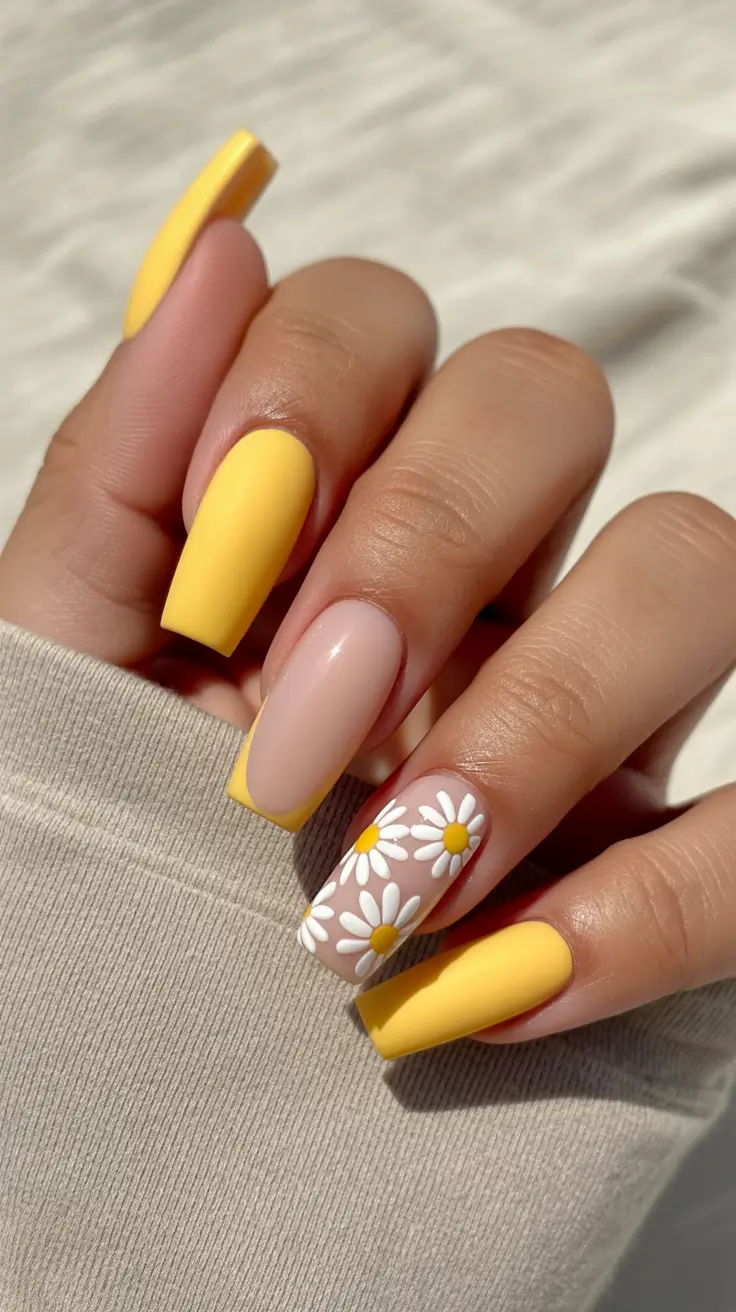 spring nails for tan skin Sunny Yellow Daisy Nails With Spring Charm