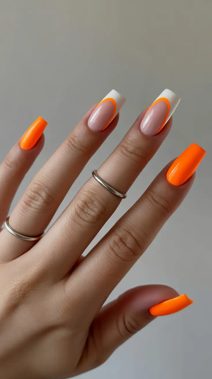 spring nails for tan skin Glossy Tangerine French Tips With Modern Curves