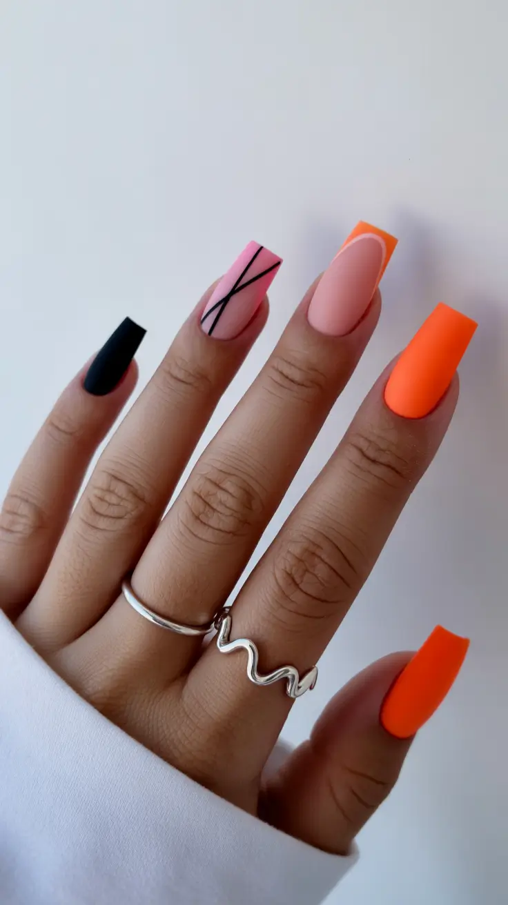 spring nails for tan skin Graphic Matte Color Mix With Neon Orange Accents