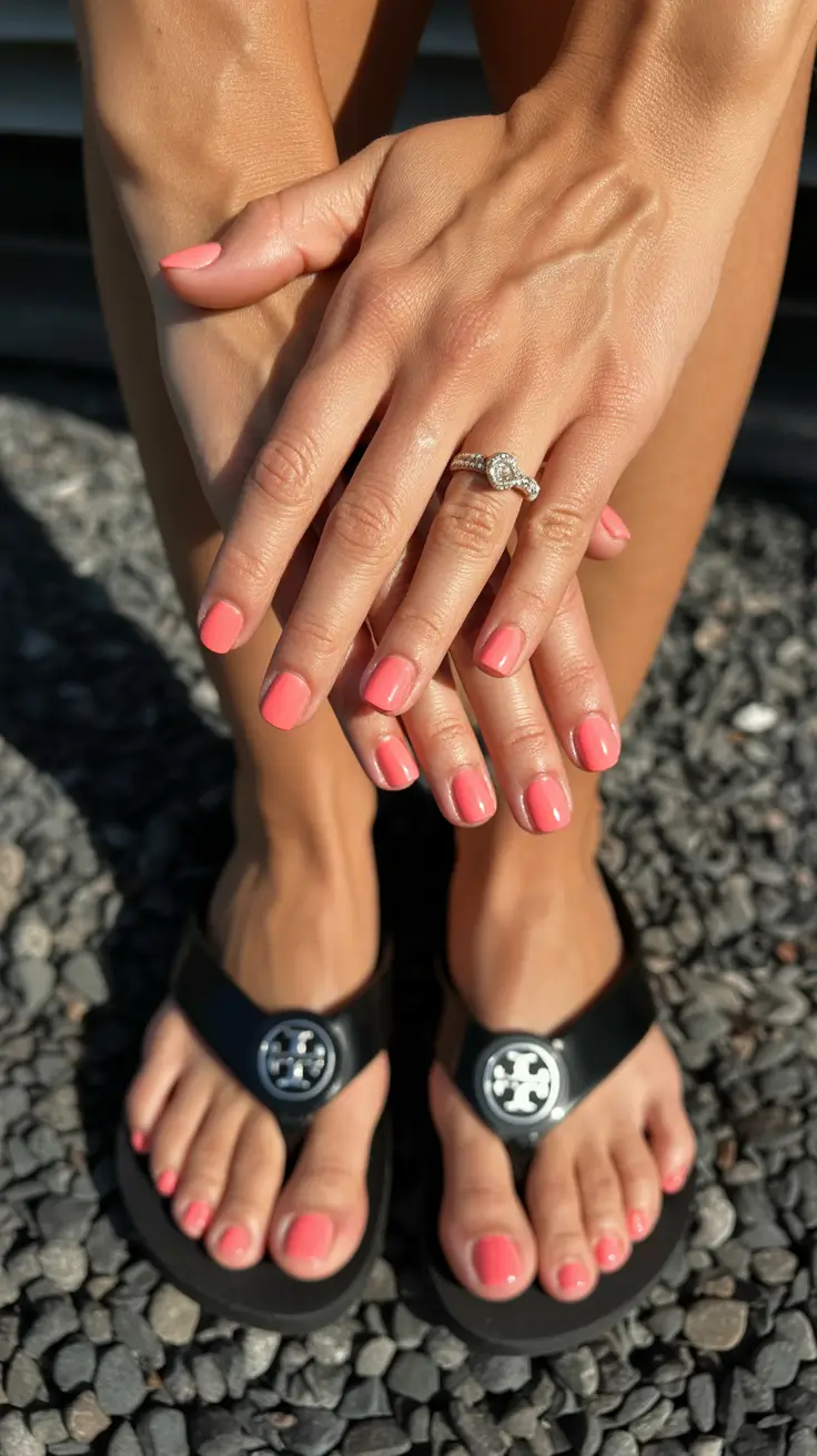 spring nails for tan skin Coral Gloss Nails That Blend Manicure And Toe Style