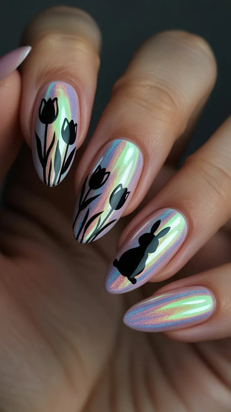 easter nails color ideas 2026 Iridescent Chrome Tulip And Bunny Spring Nails