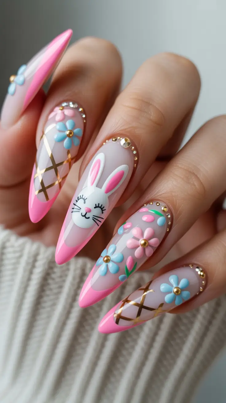 easter nails color ideas 2026 Pastel Bunny Garden Nails With Gold Lattice Accents