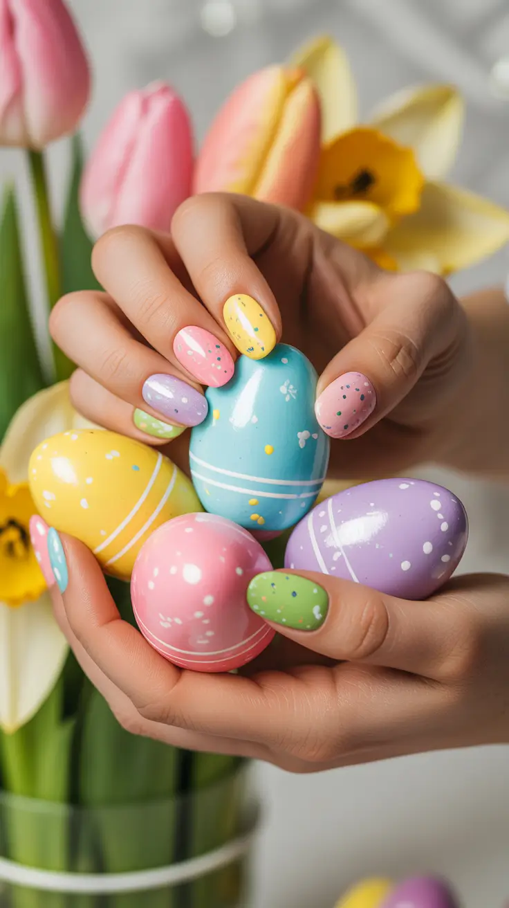easter nails color ideas 2026 Colorful Speckled Easter Egg Pastel Nails