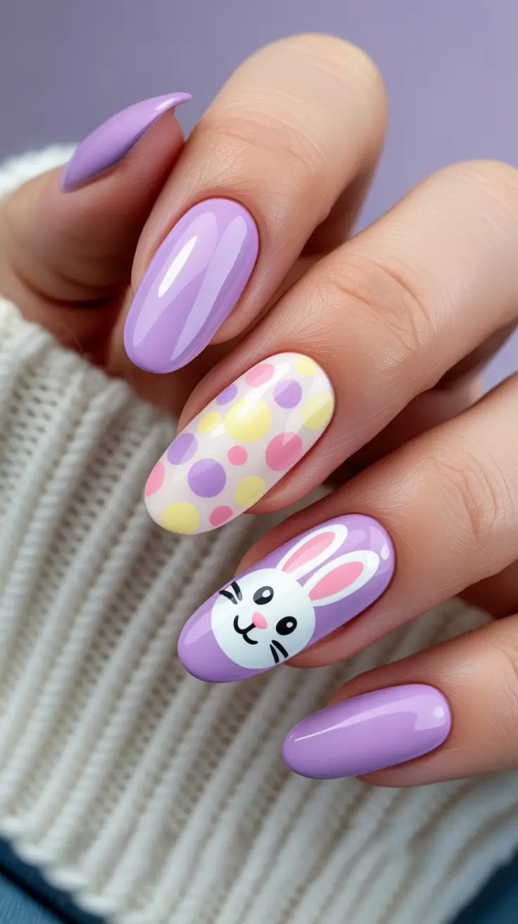 easter nails color ideas 2026 Lavender Easter Bunny And Confetti Dot Nails