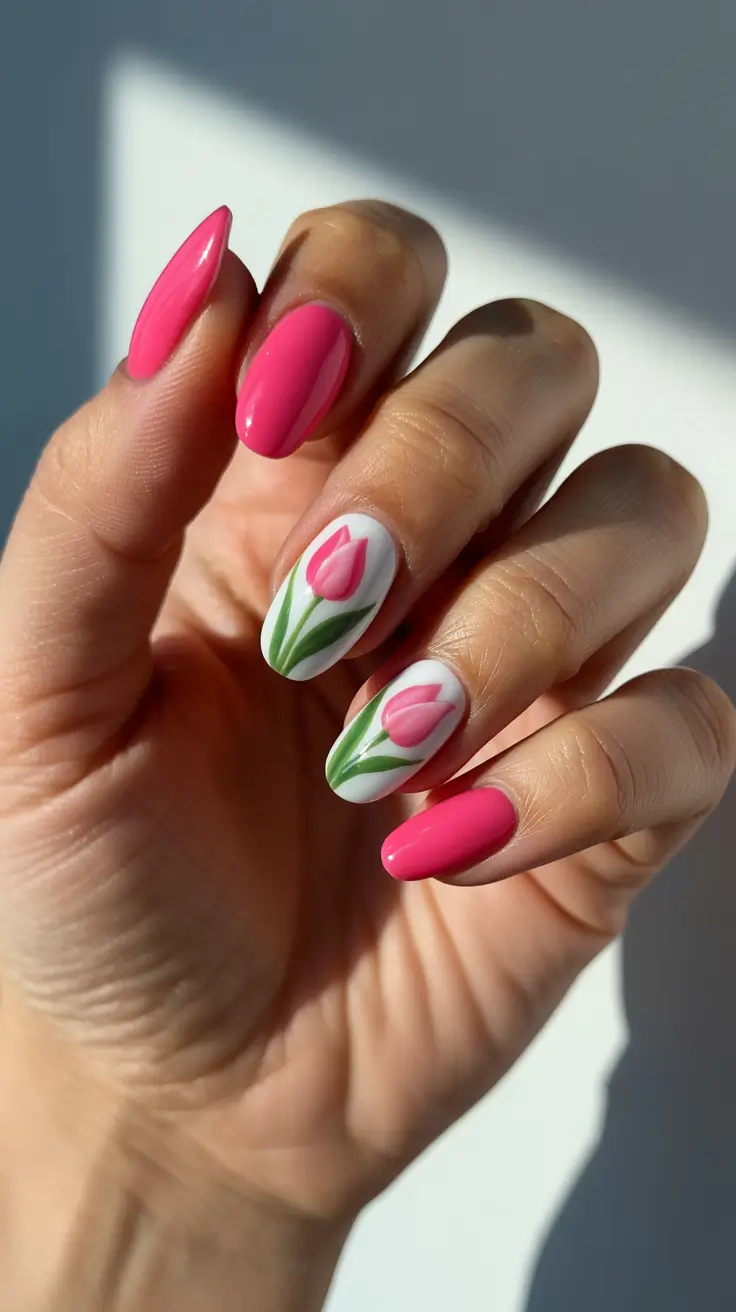 easter nails color ideas 2026 Fresh Pink Tulip Accent Spring Nails