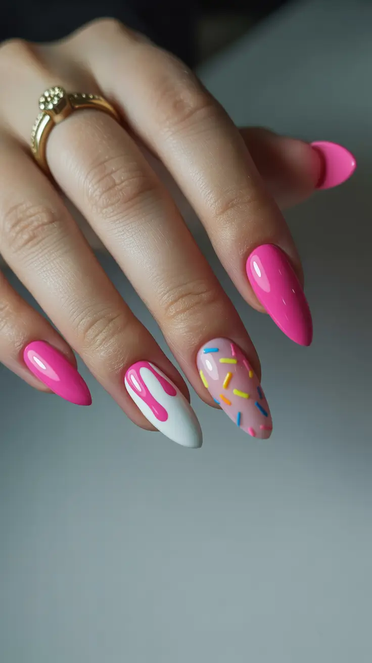 easter nails color ideas 2026 Playful Pink Drip And Sprinkle Easter Nails