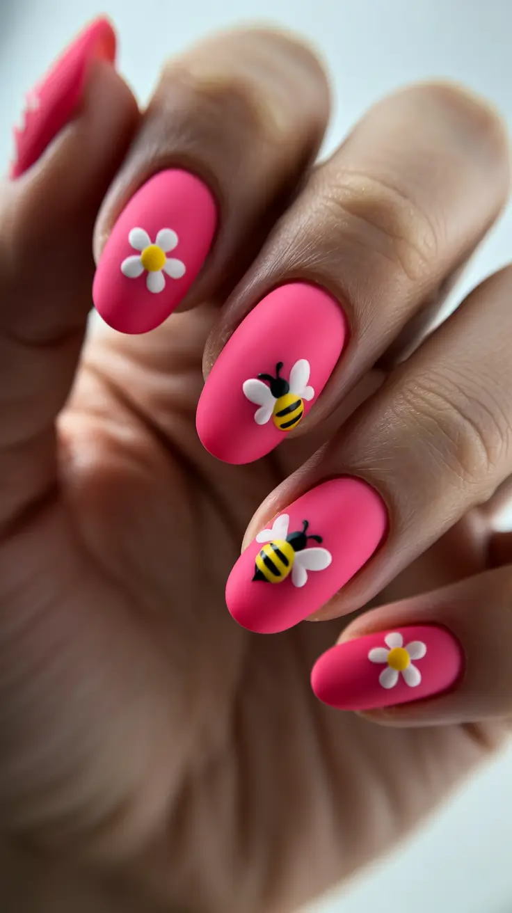 easter nails color ideas 2026 Bright Pink Bee And Daisy Spring Nails