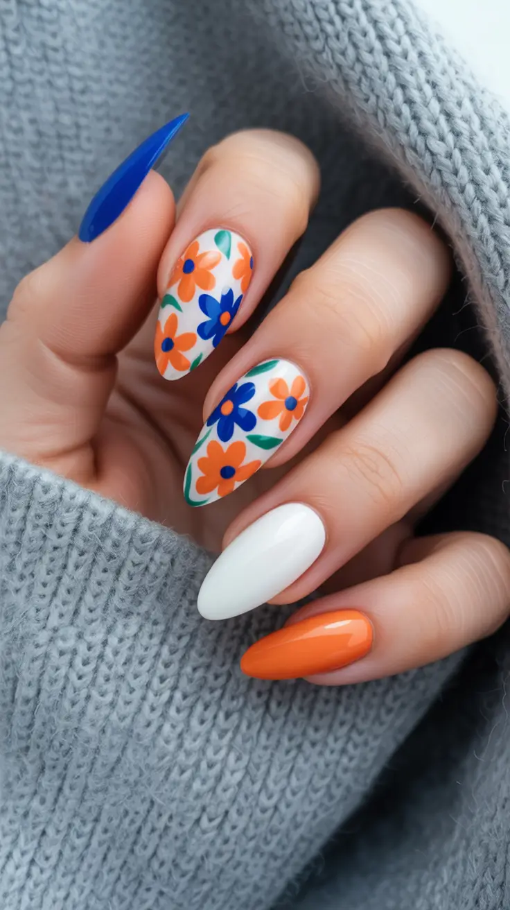 easter nails color ideas 2026 Bold Blue And Orange Floral Spring Nails