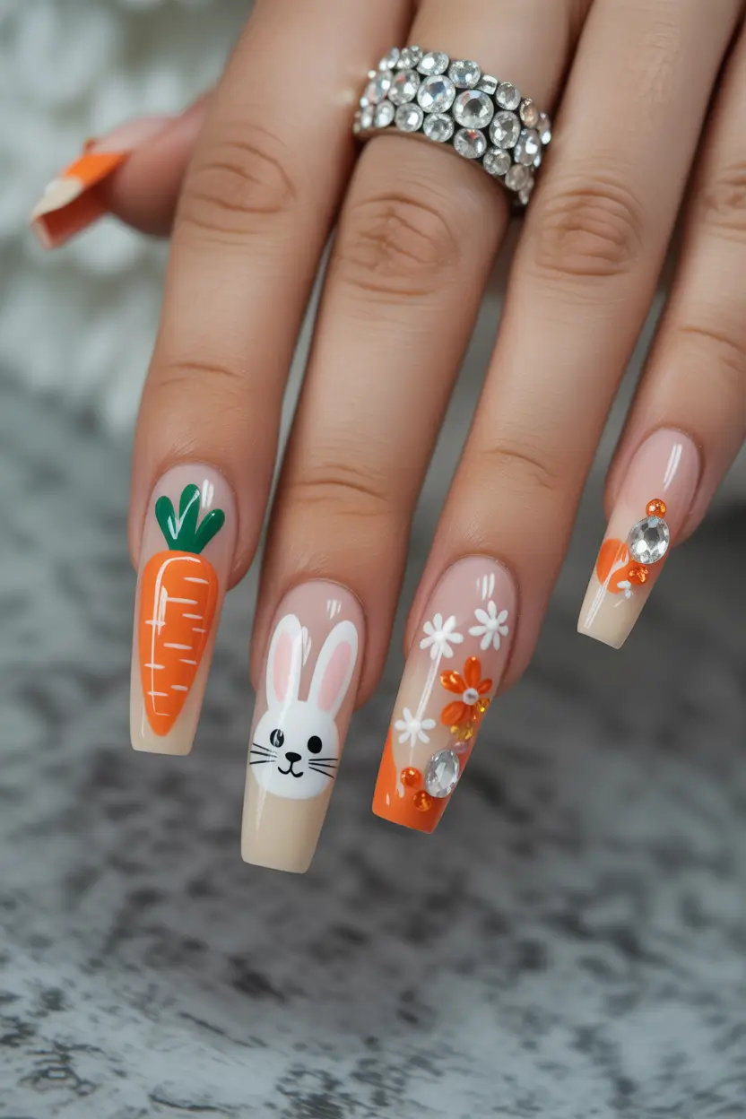 easter nails color ideas 2026 Playful Easter Bunny And Carrot Nail Art