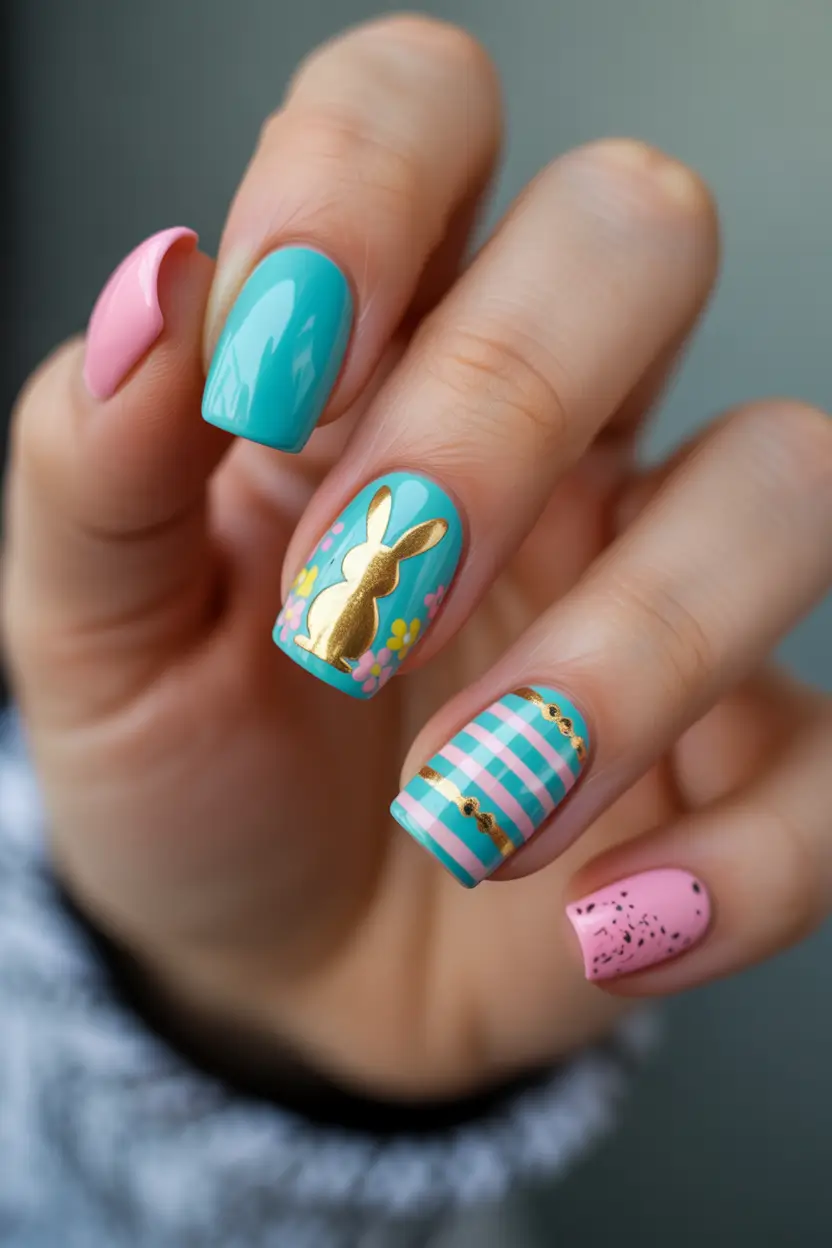 easter nails color ideas 2026 Soft Pastel Bunny Accent With Graphic Easter Stripes