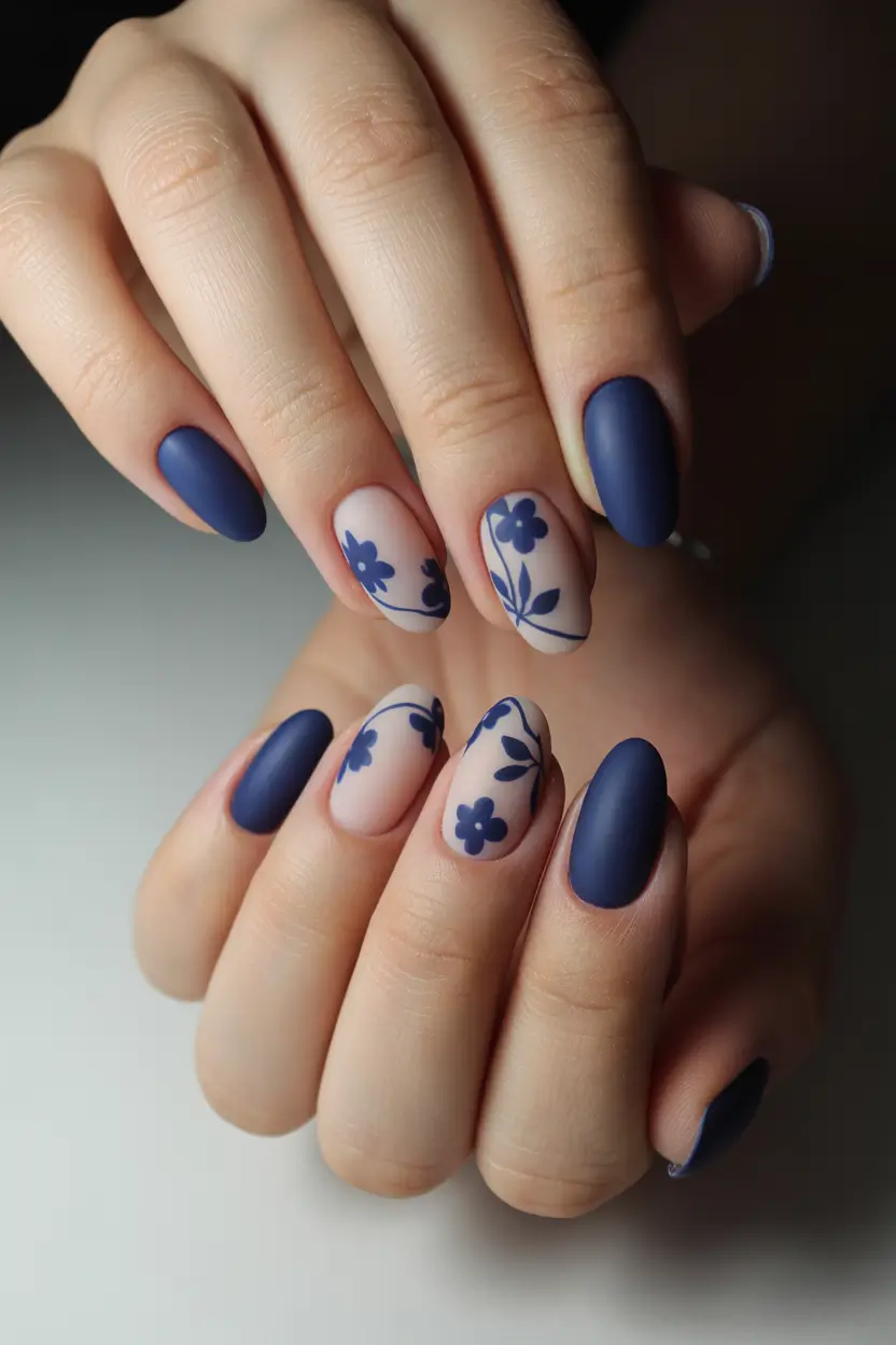easter nails color ideas 2026 Matte Navy Florals For A Sophisticated Spring Look