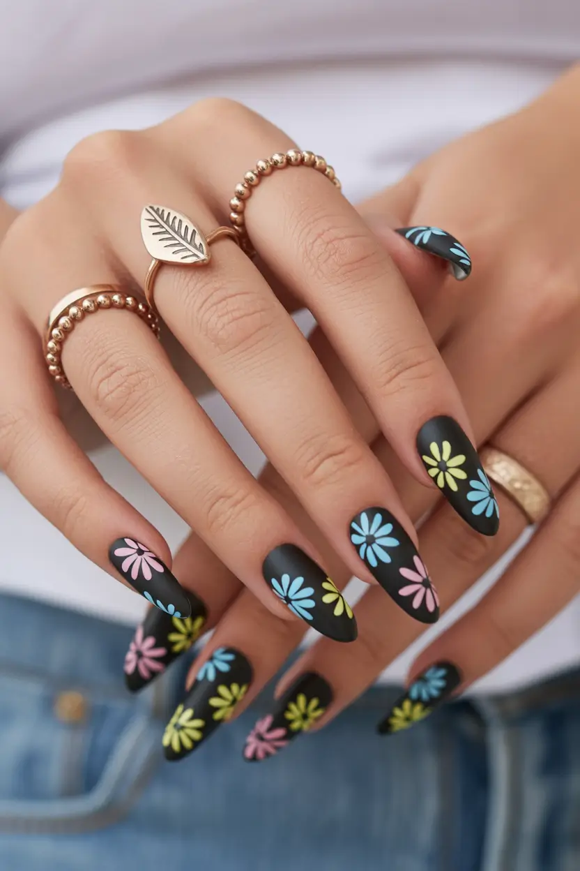 easter nails color ideas 2026 Matte Daisy Garden On Deep Black Nails
