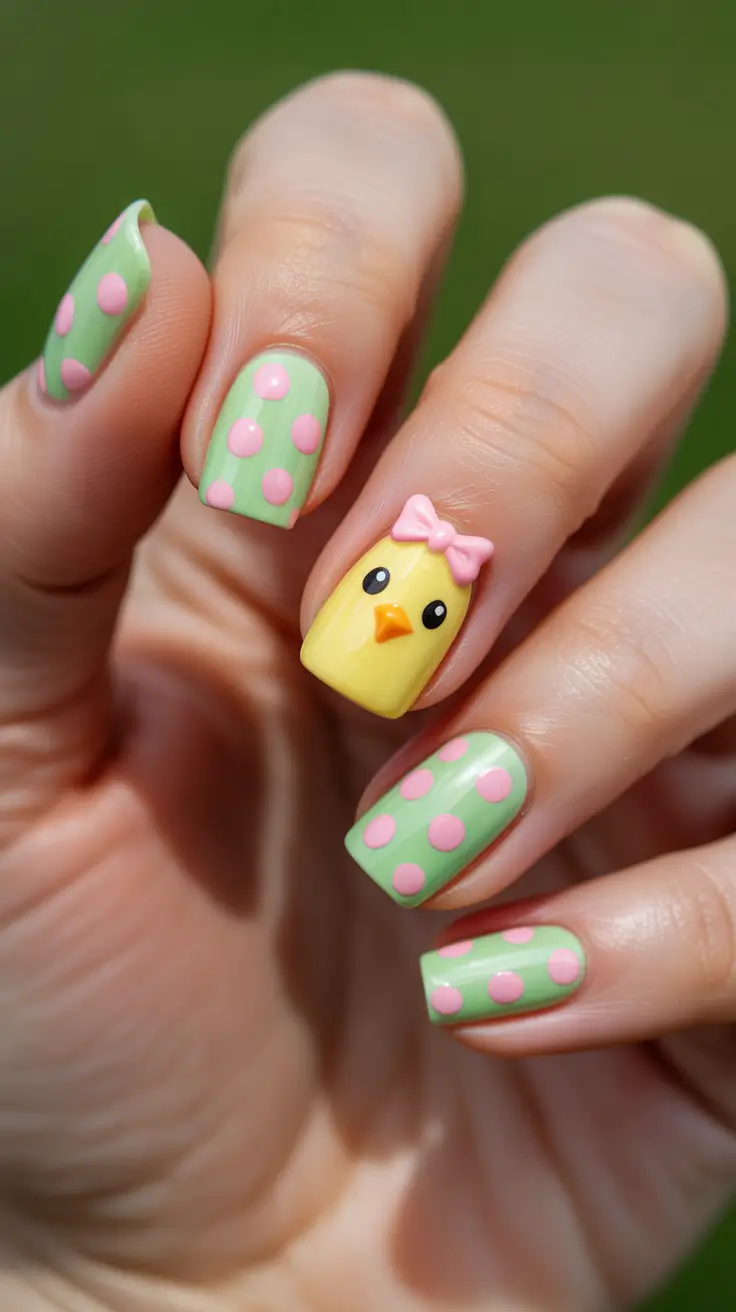 easter nails color ideas 2026 Playful Easter Chick And Polka Dot Pastel Nails