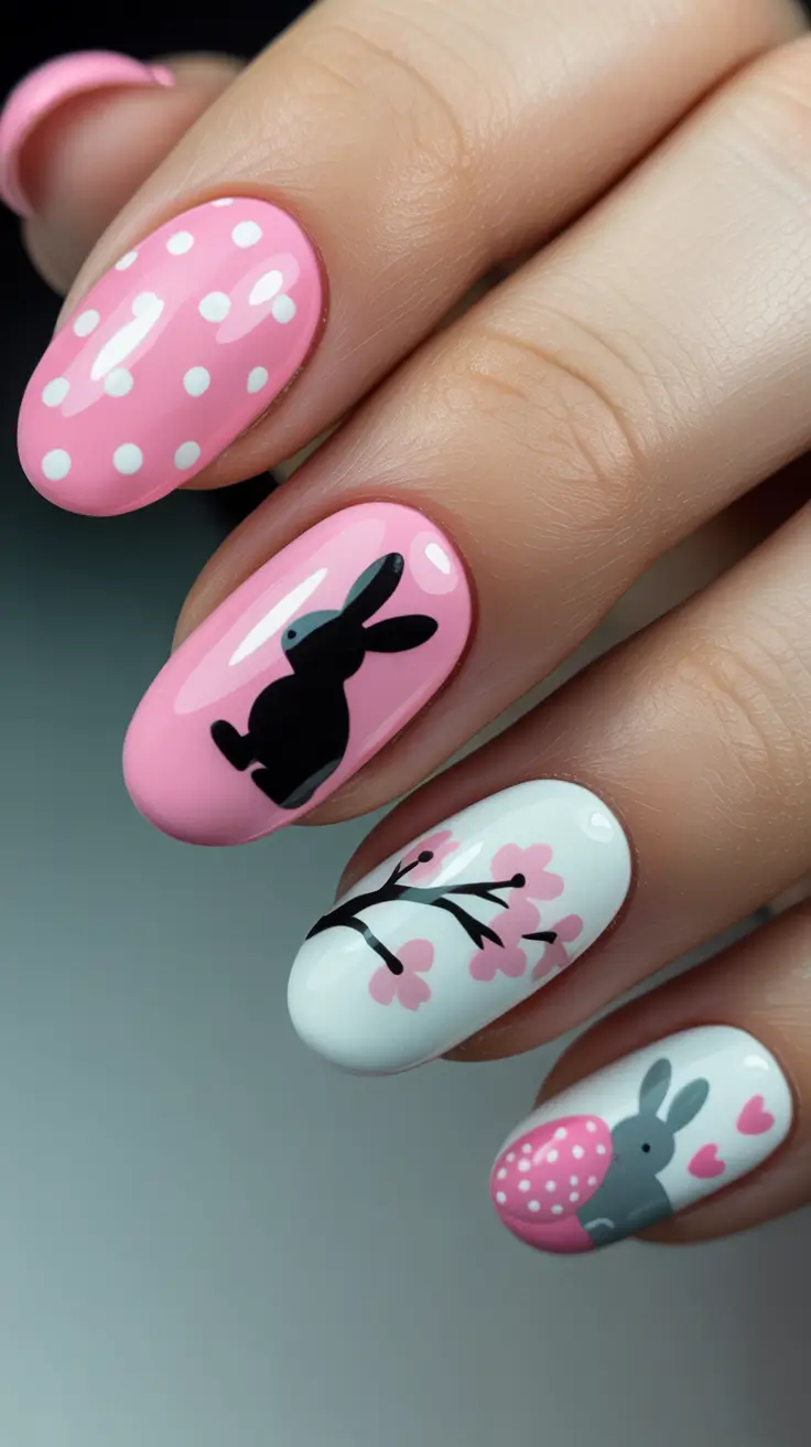 easter nails color ideas 2026 Soft Pink Easter Bunny And Blossom Nail Art
