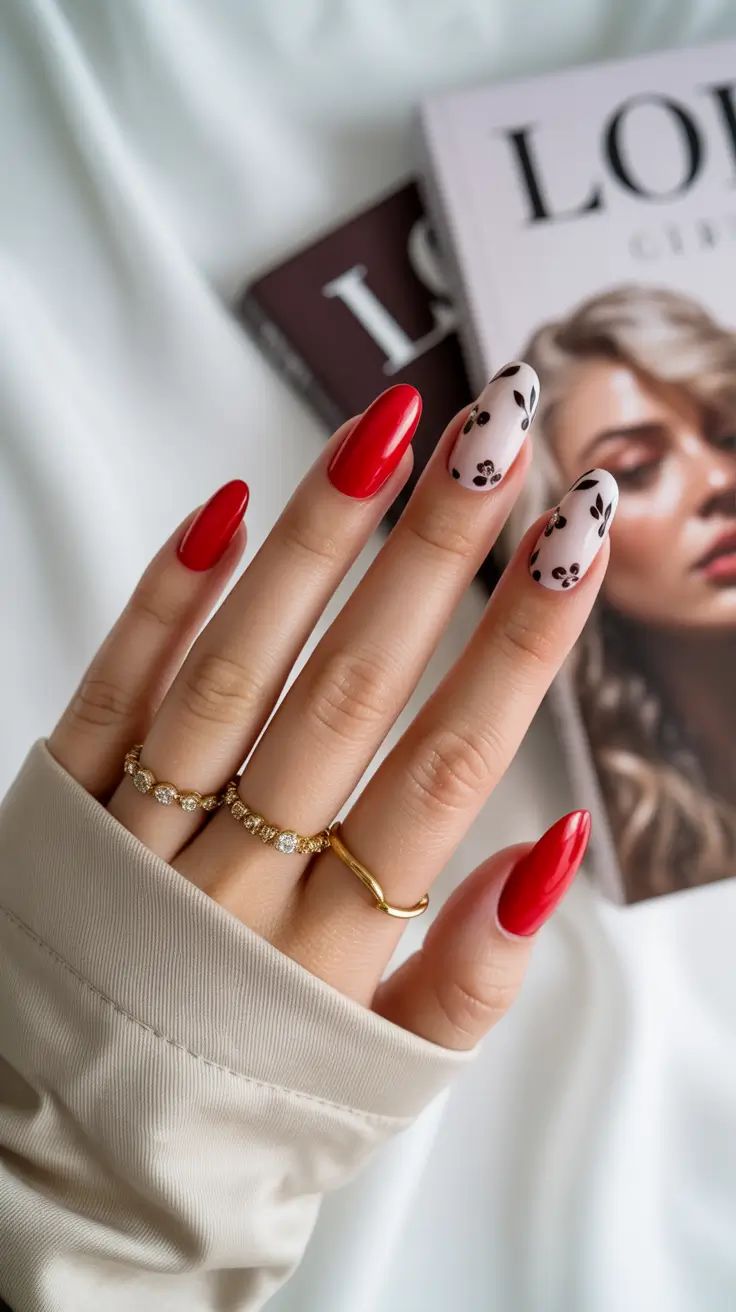 easter nails ideas 2026 Glossy Red Almond Nails With Delicate Floral Accent