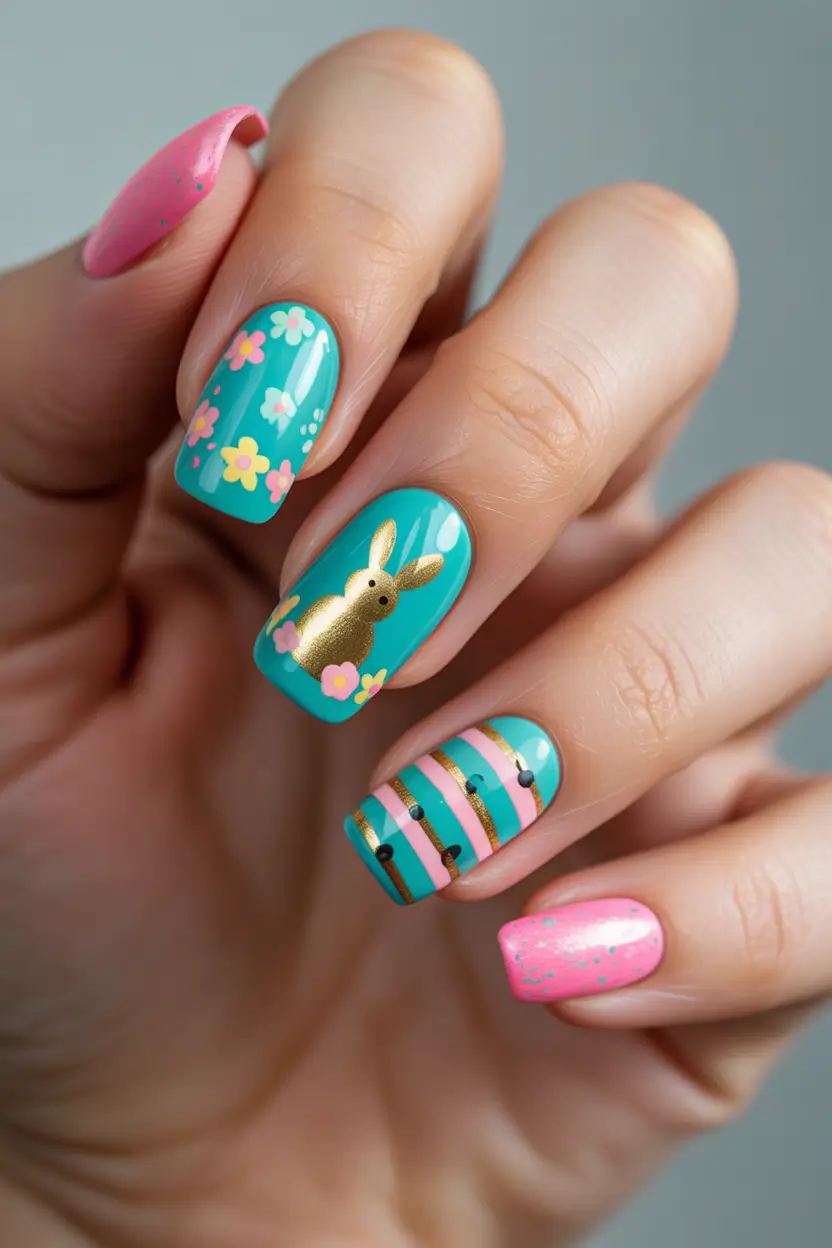 easter nails ideas 2026 Playful Turquoise Easter Bunny Nails
