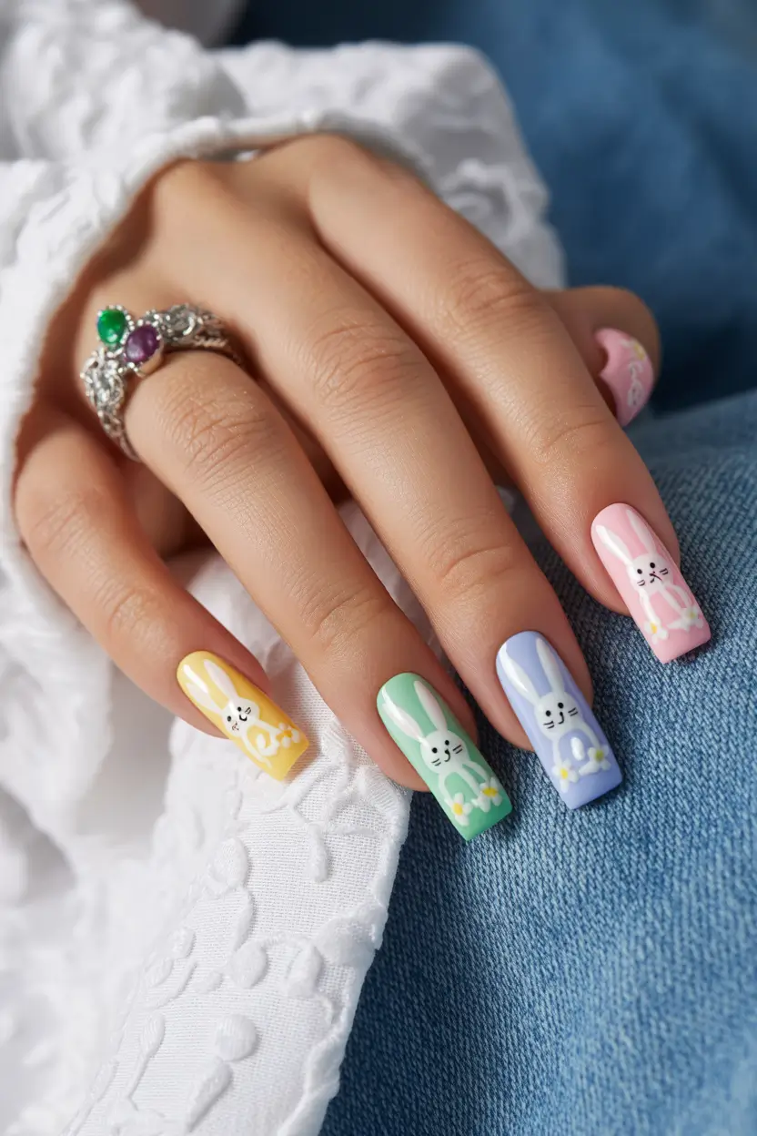 easter nails ideas 2026 Pastel Bunny Parade Nails In Cheerful Spring Colors