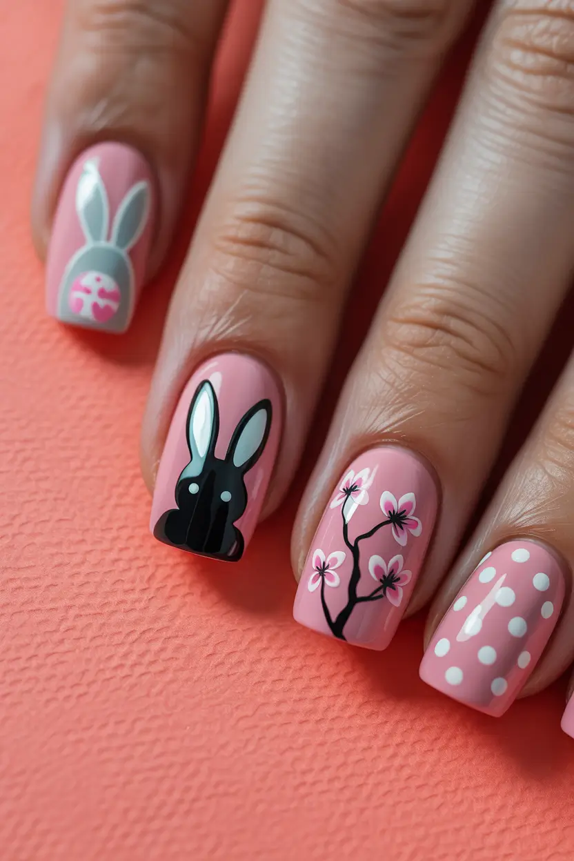 easter nails ideas 2026 Soft Pink Bunny And Blossom Nails
