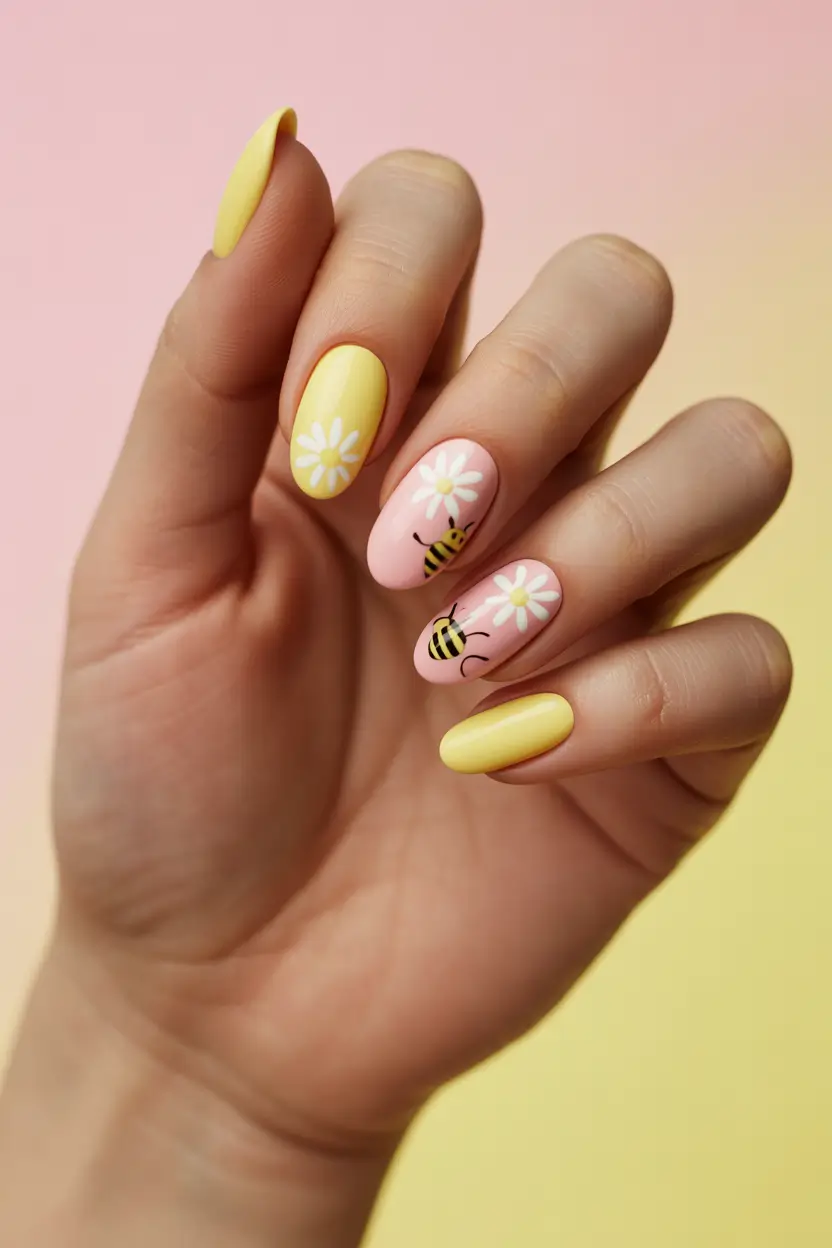 easter nails ideas 2026 Sunny Daisy And Bumblebee Spring Nails