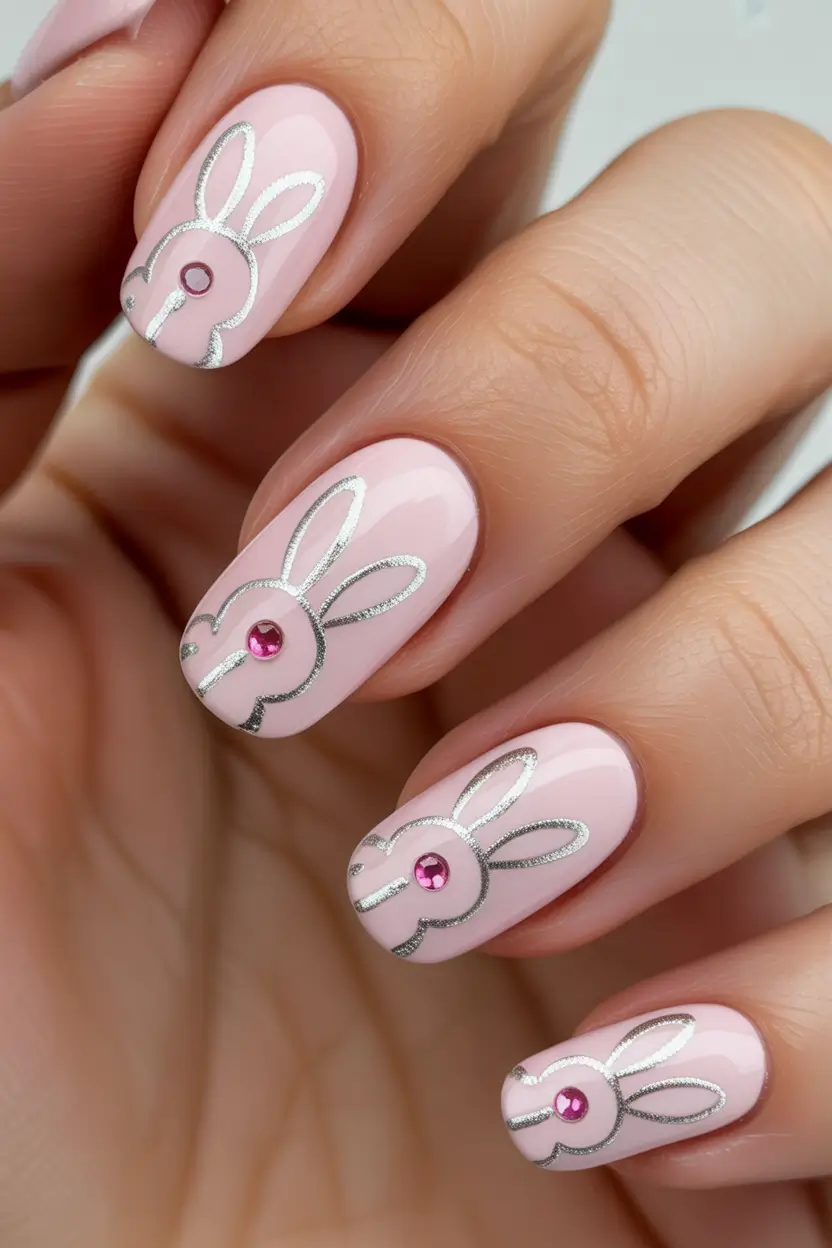 easter nails ideas 2026 Elegant Pink Bunny Outline Nails