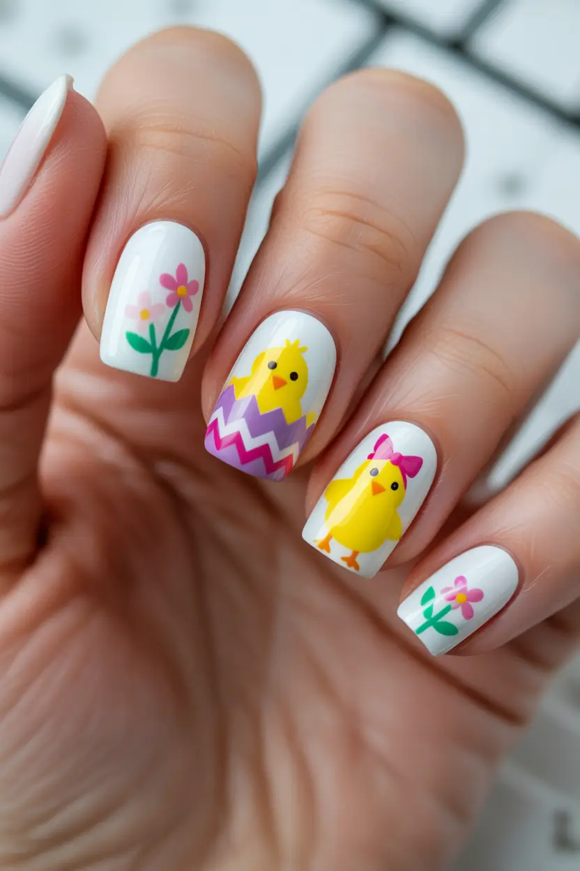 easter nails ideas 2026 Cheerful Easter Chick And Floral Nails