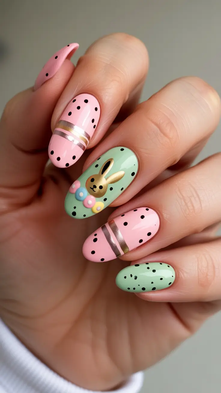 easter nails ideas 2026 Mint And Pink Polka Dot Bunny Nails