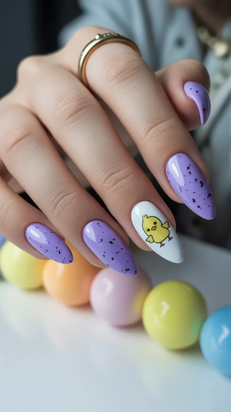 easter nails ideas 2026 Lavender Speckled Chick Accent Nails