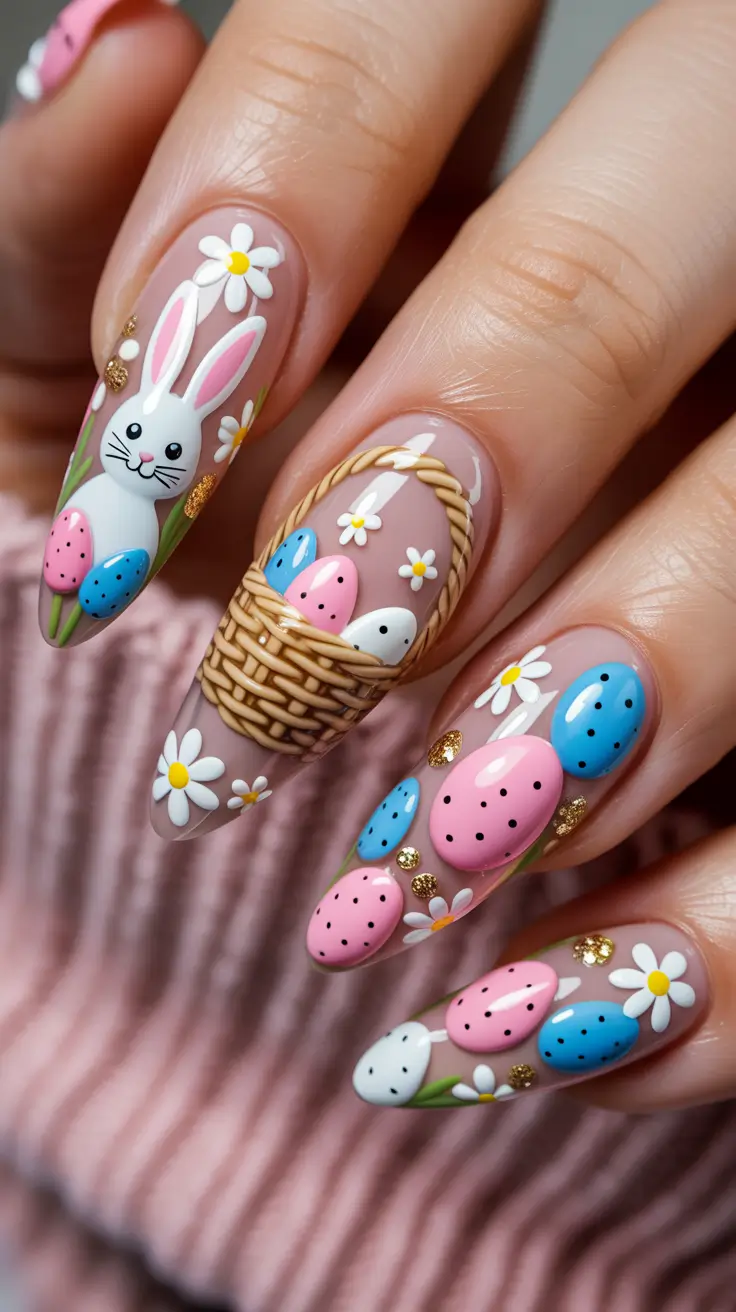 easter nails ideas 2026 Decorated Easter Basket And Speckled Egg Nails