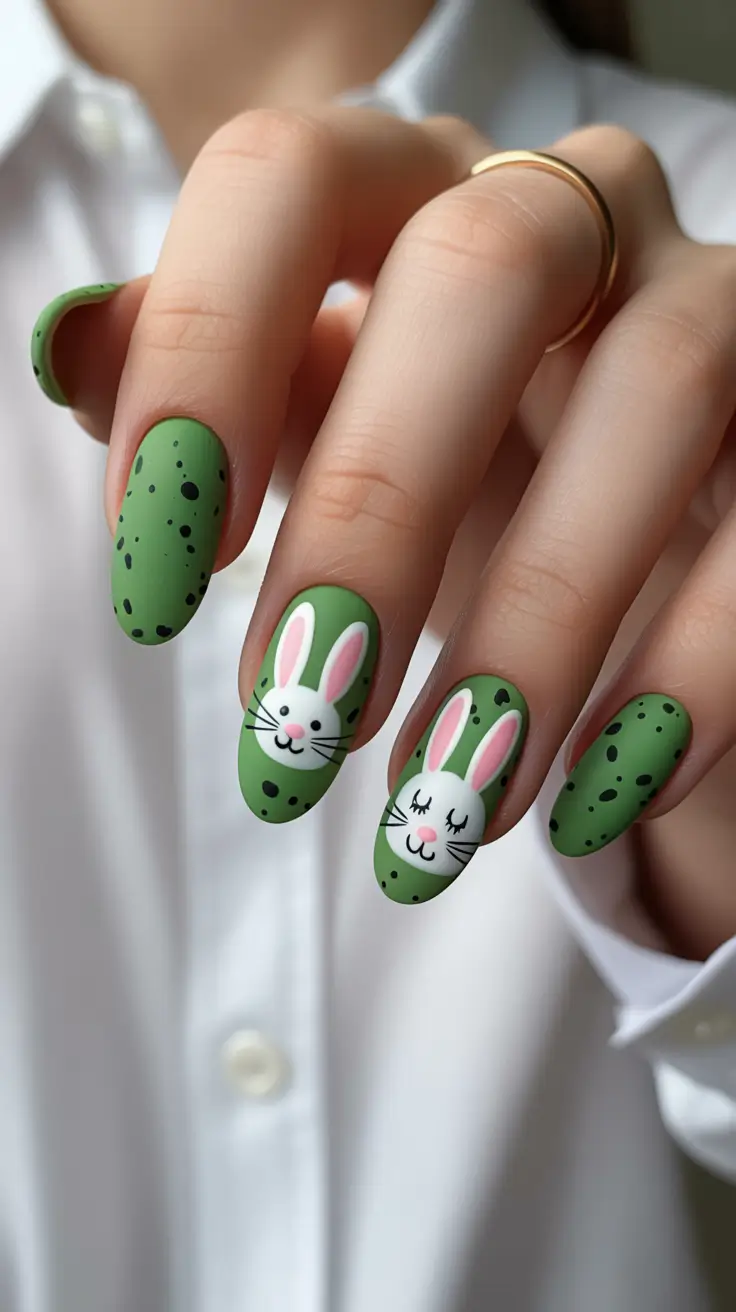 easter nails ideas 2026 Green Speckled Bunny Nails With Playful Spring Energy